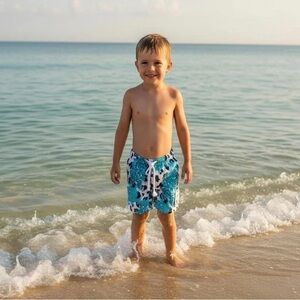 Boys Cow Print Swim Trunks • Turquoise Western Cowhide Shorts